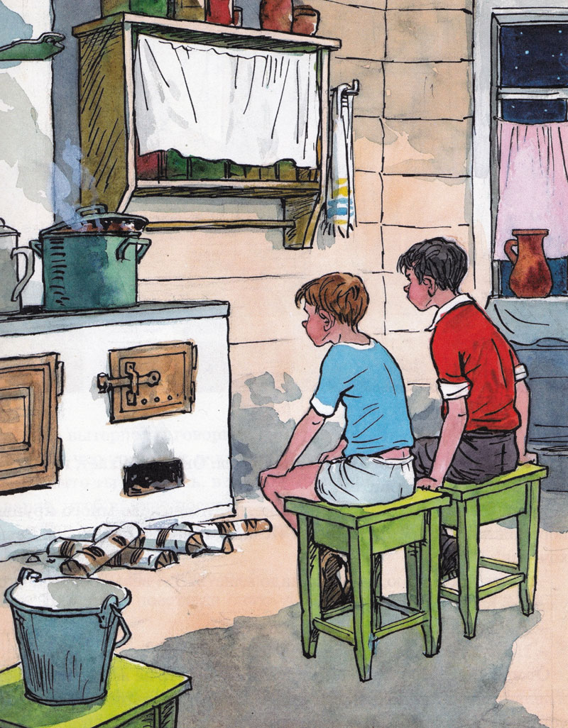 Ребята сидят у печки