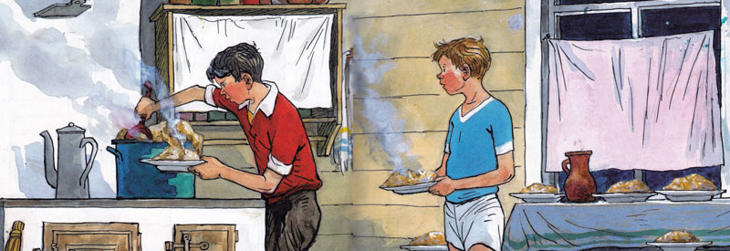 Мишка накладывает кашу