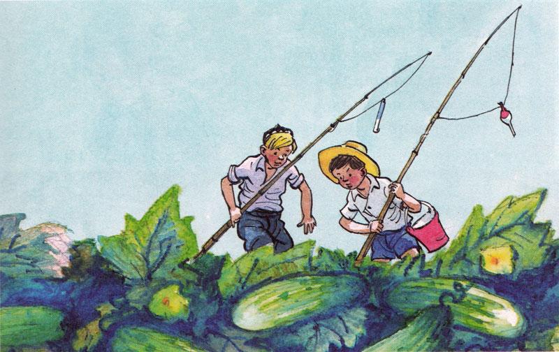 Мальчики собирают огурцы