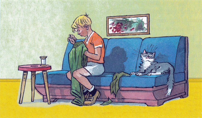 Боба пришивает заплатку к штанам