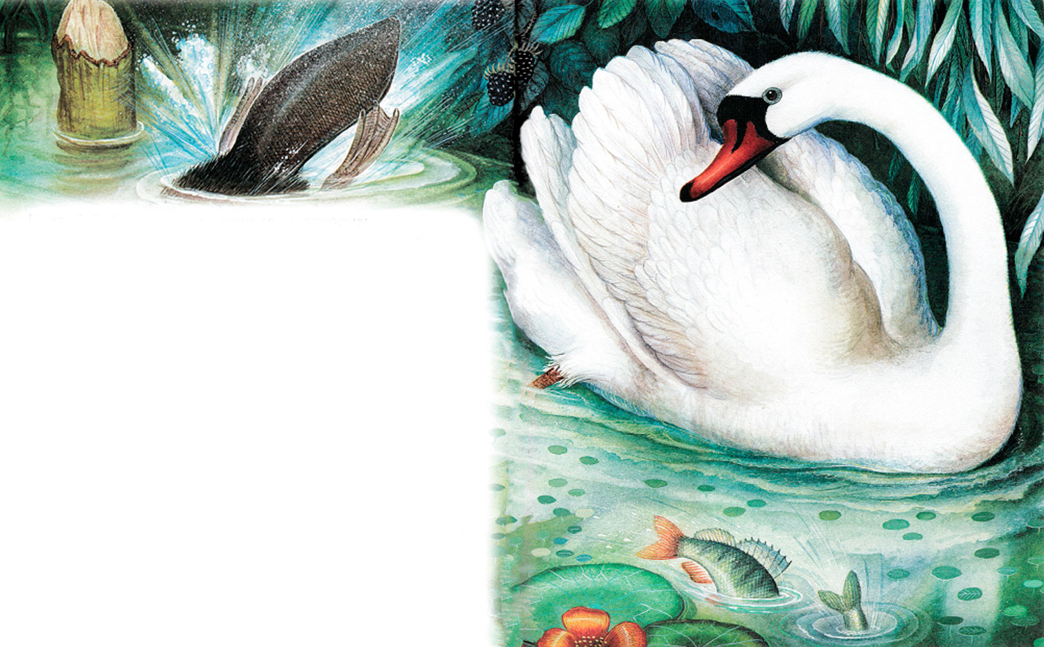 Лебедь и бобер на реке