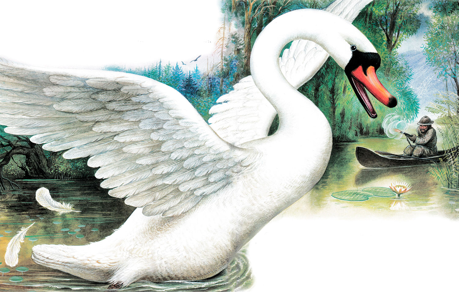 Охотник стреляет в лебедя