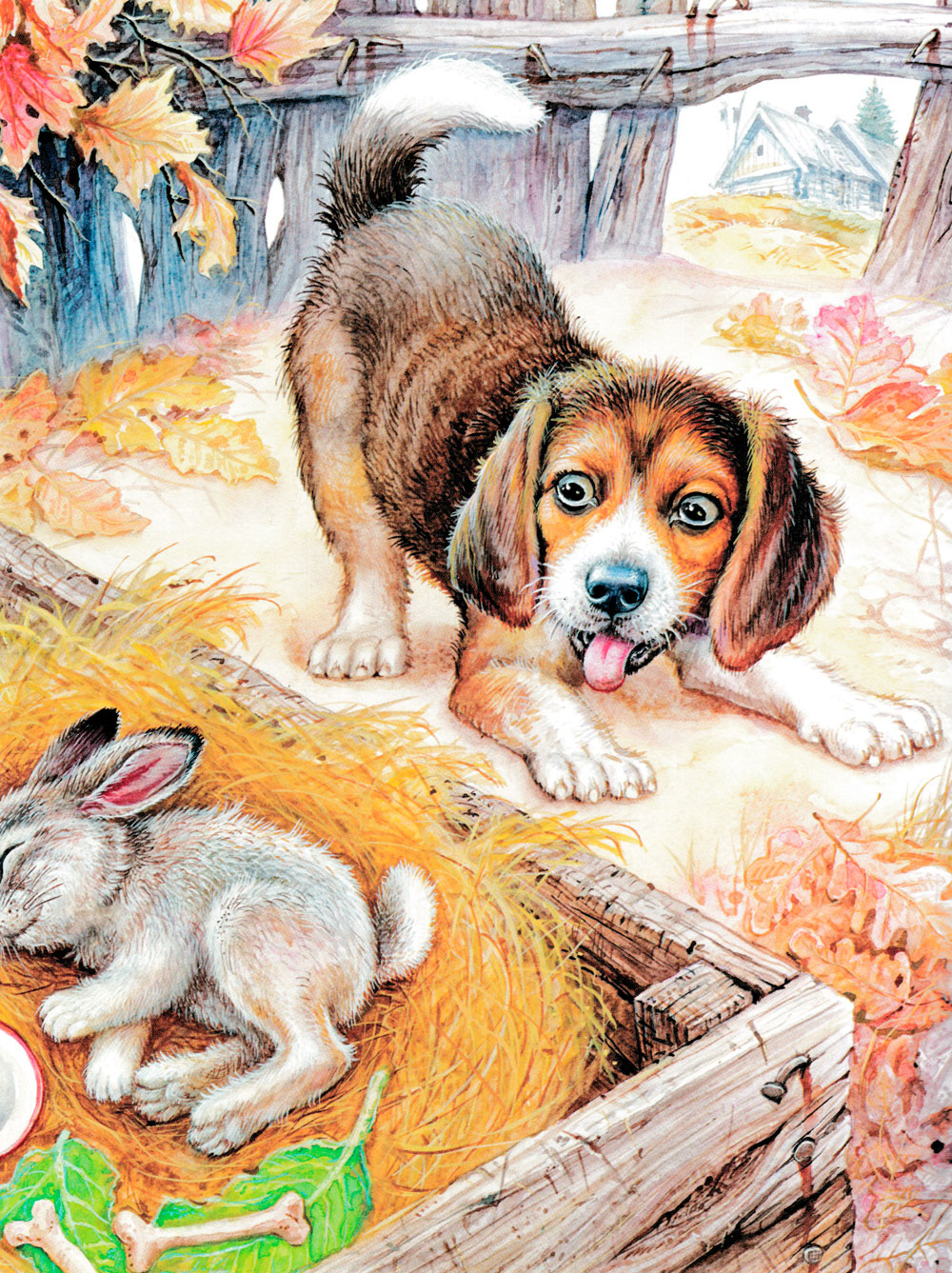 Щенок увидел зайчонка