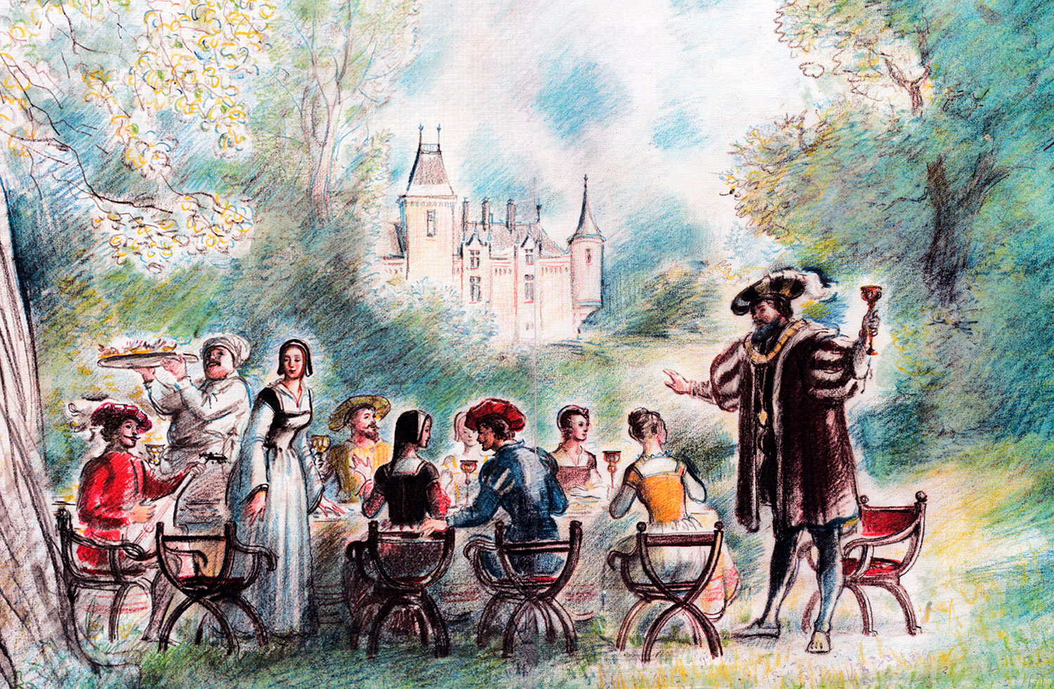 Люди за столом в саду