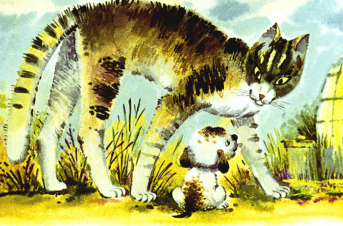 Кошка и щенок