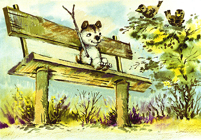 Щенок сидит на лавке