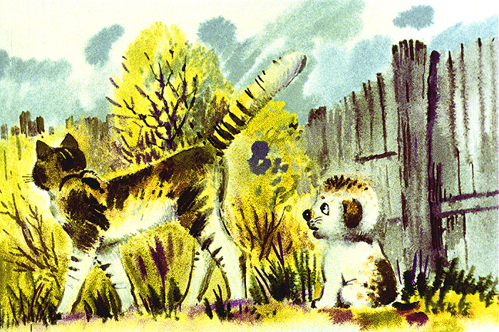 Кошка уходит от щенка