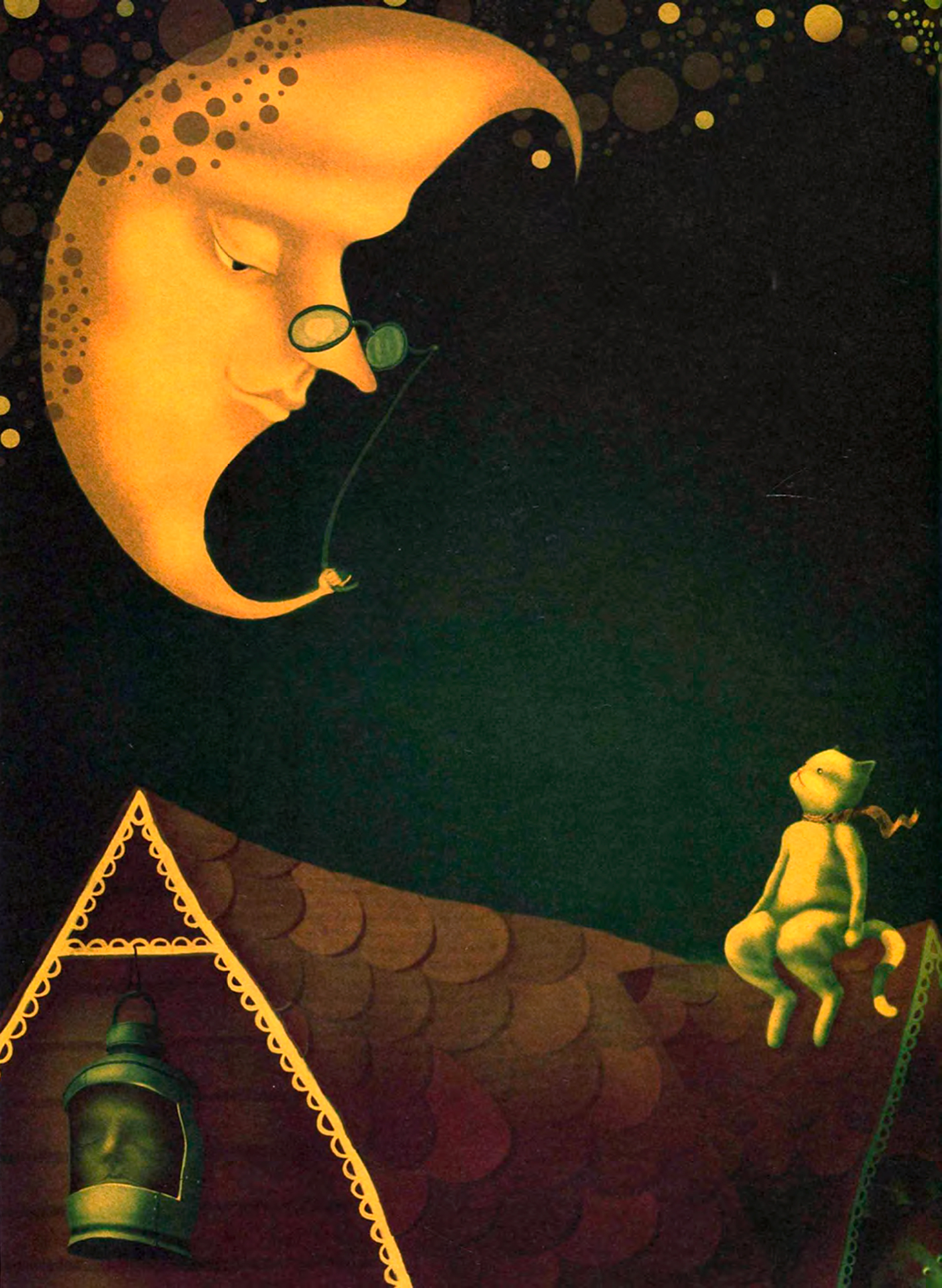 Луна смотрит на кошку на крыше