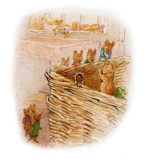 Мышонок в корзине прощается с друзьями