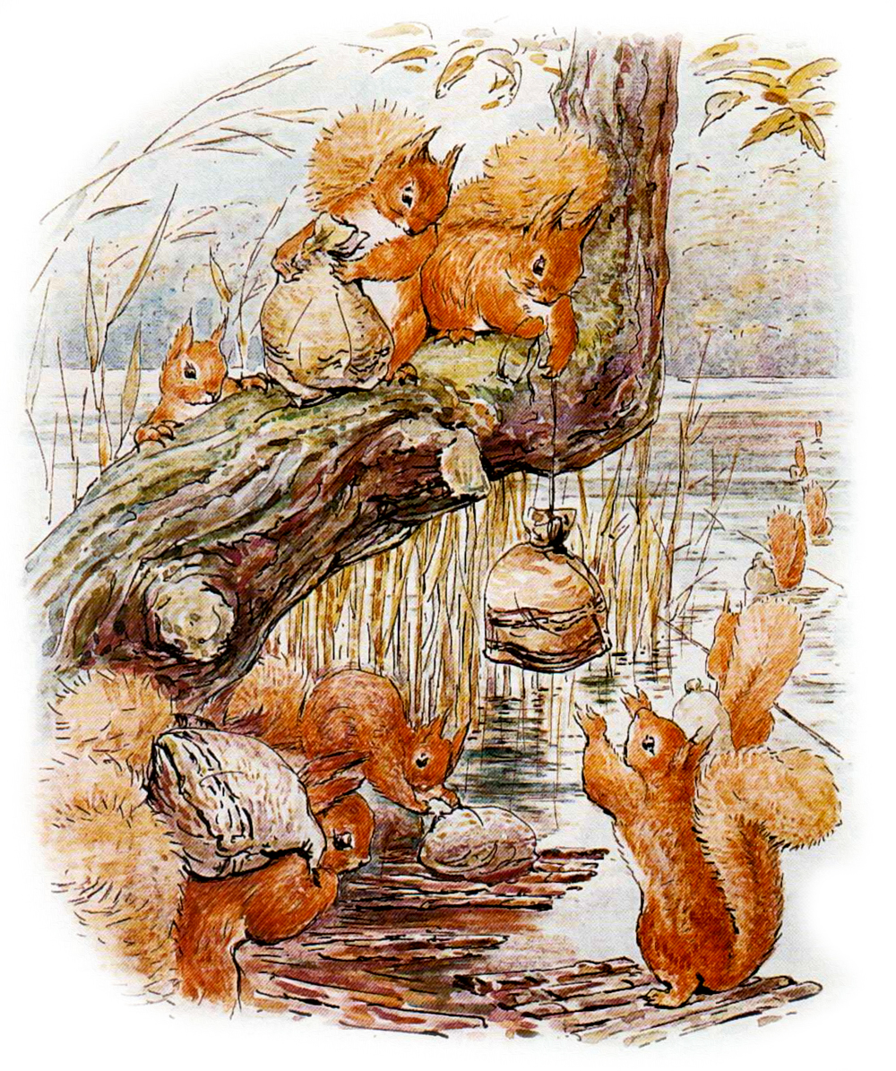 Белки с мешками орехов