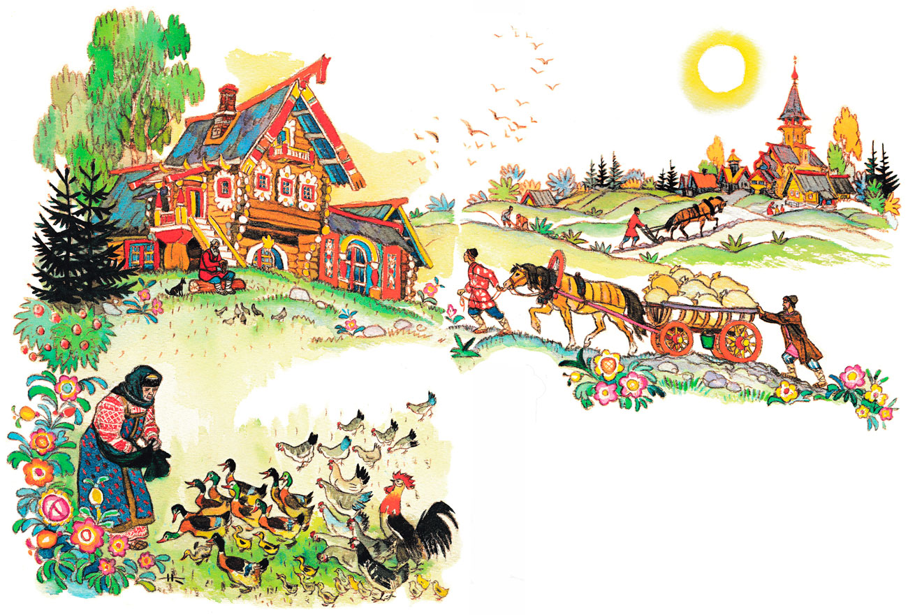 Семья трудятся в деревне