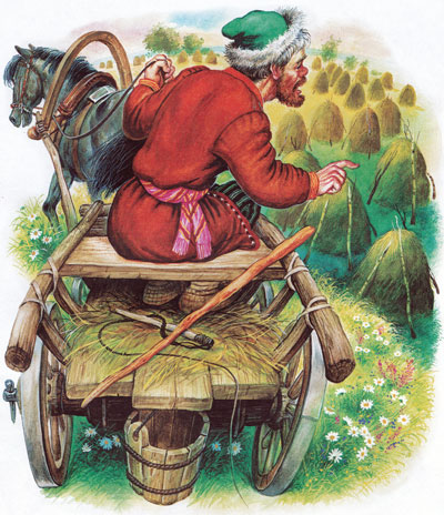 Старик смотрит на стога сена