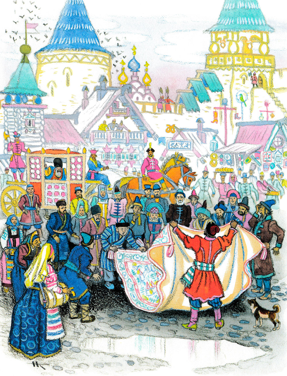 Стрелок на рынке показывает ковер