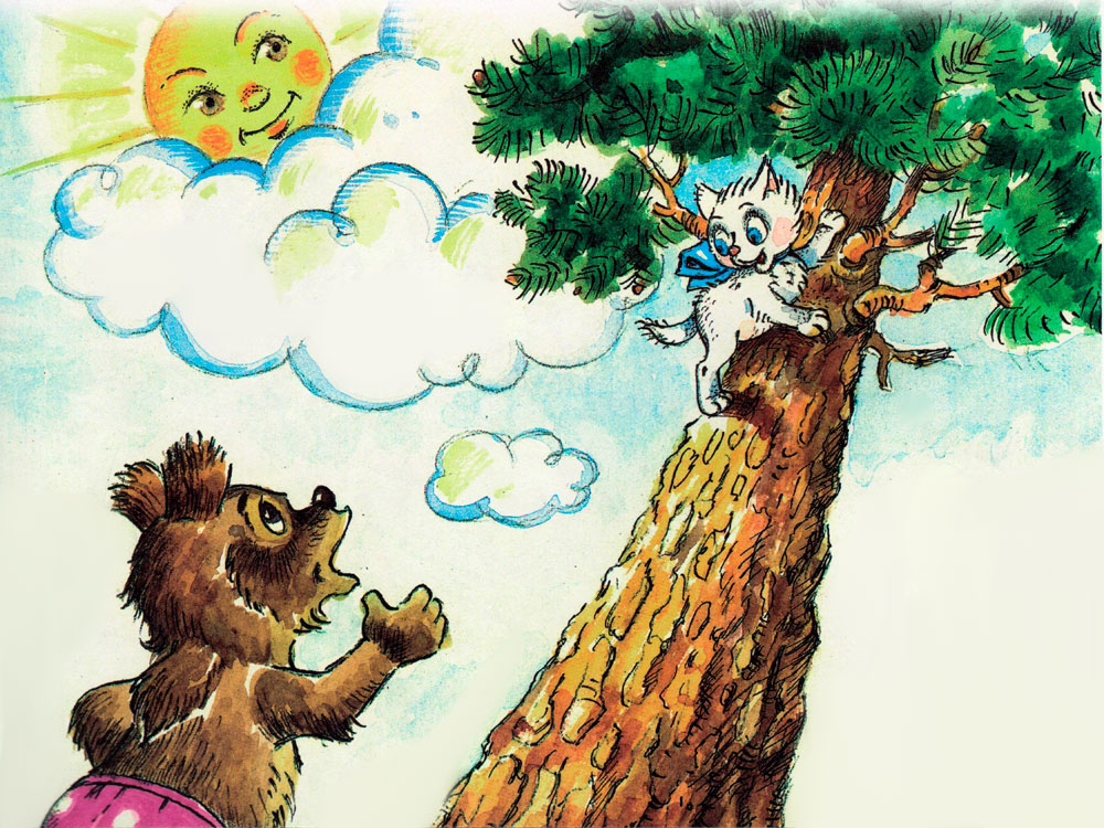 Котенок залезает на дерево