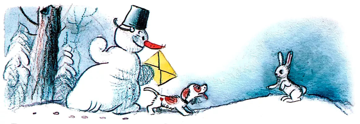 Снеговик и пес встретили зайца