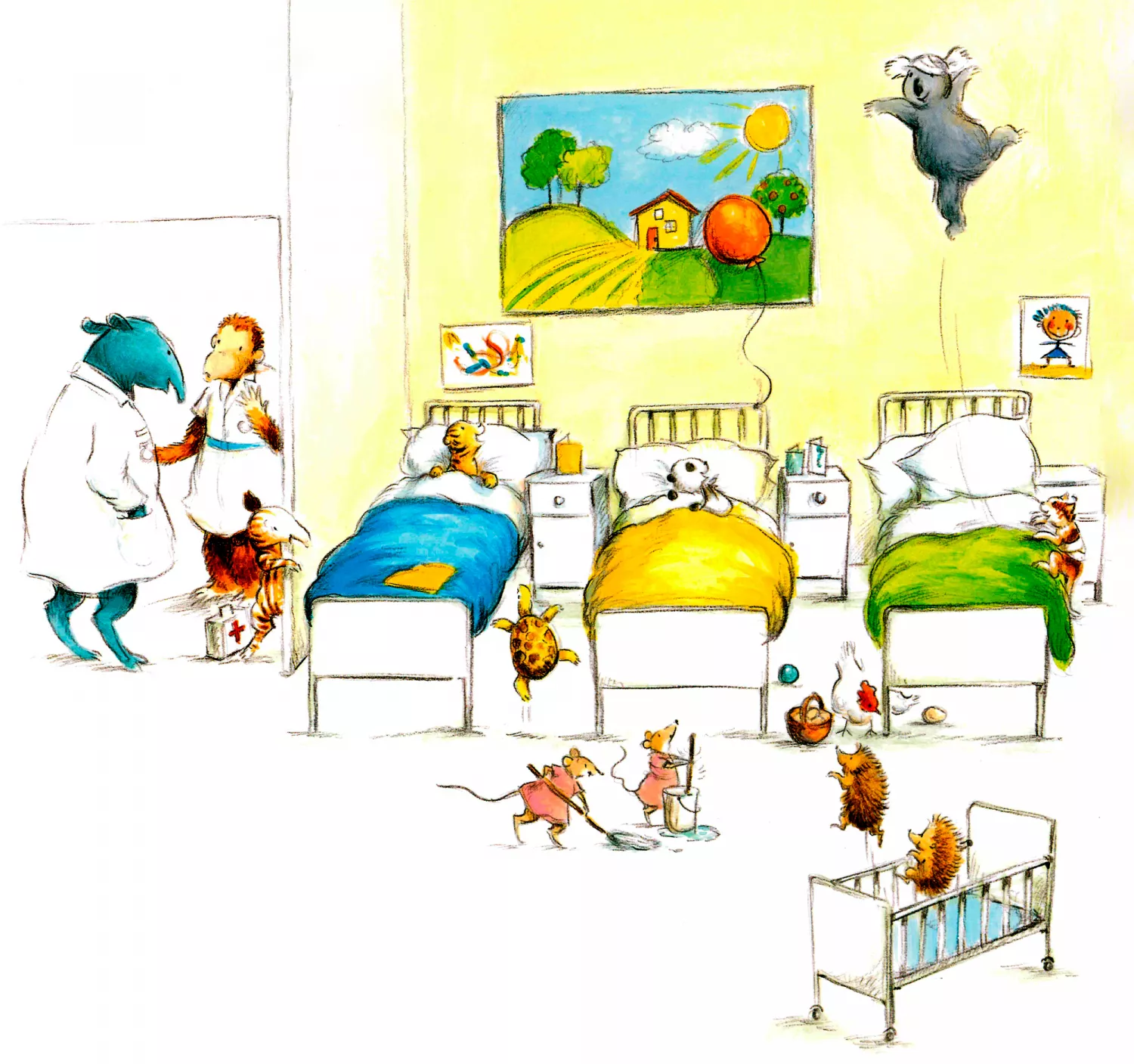 Коала прыгает на кровати