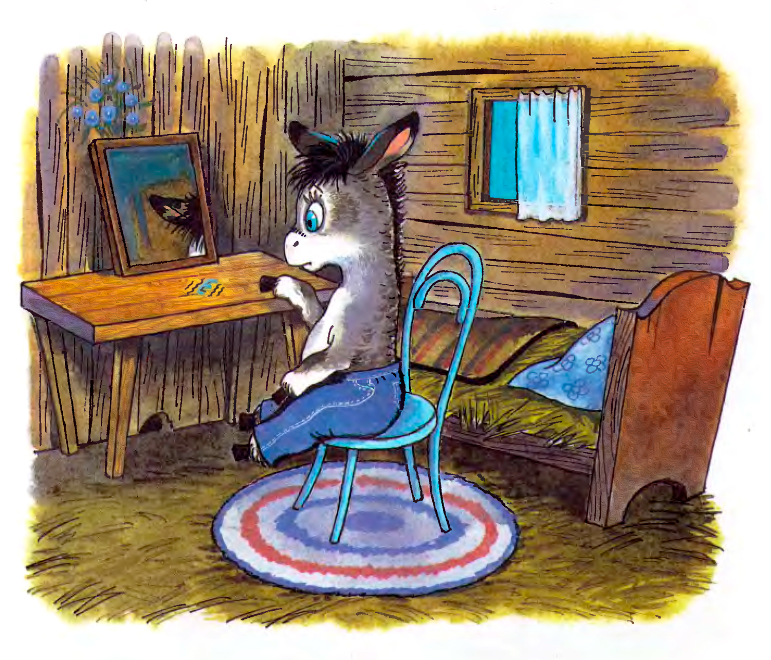 Ослик сидит за ночным столиком