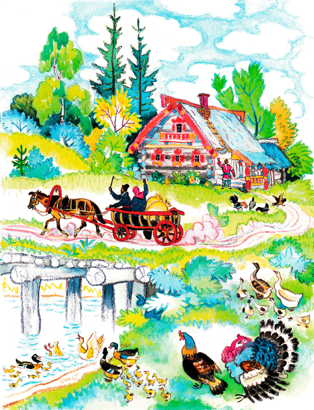 Мужик с женой уезжают на телеге